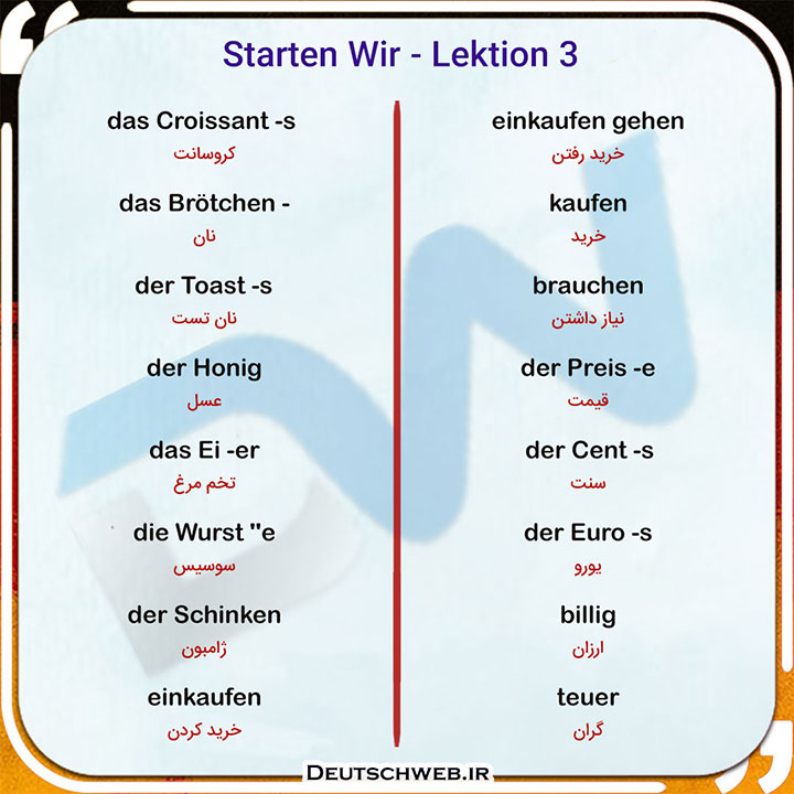 معنی لغات Lektion 3 کتاب Starten Wir A1