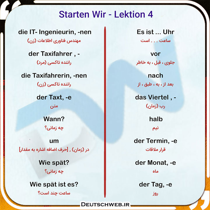 معنی لغات Lektion 4 کتاب Starten Wir A1