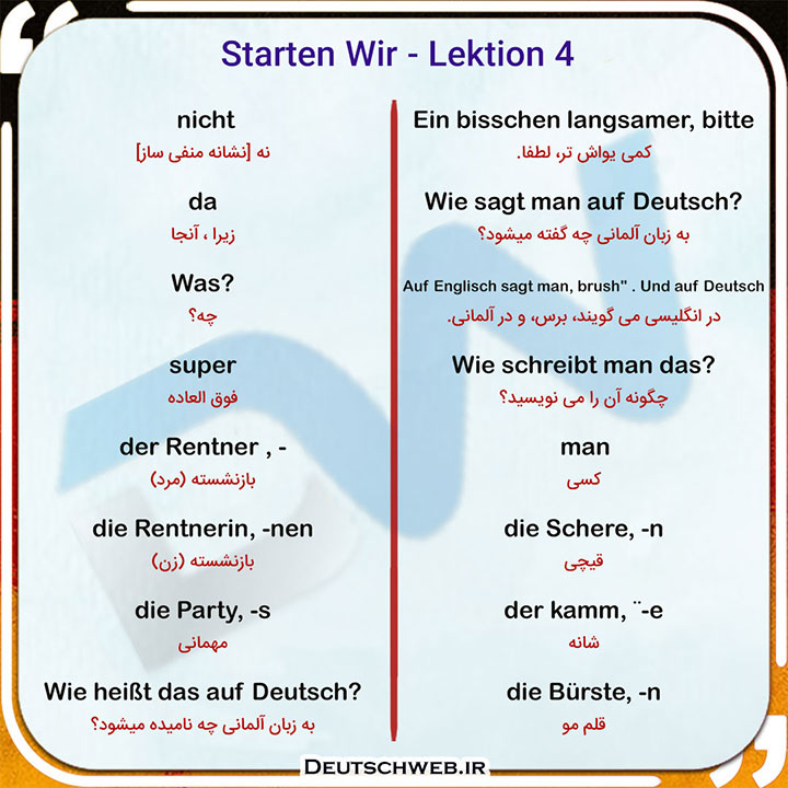 معنی لغات Lektion 4 کتاب Starten Wir A1
