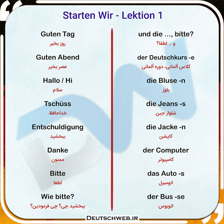 معنی لغات Lektion 1 کتاب Starten Wir
